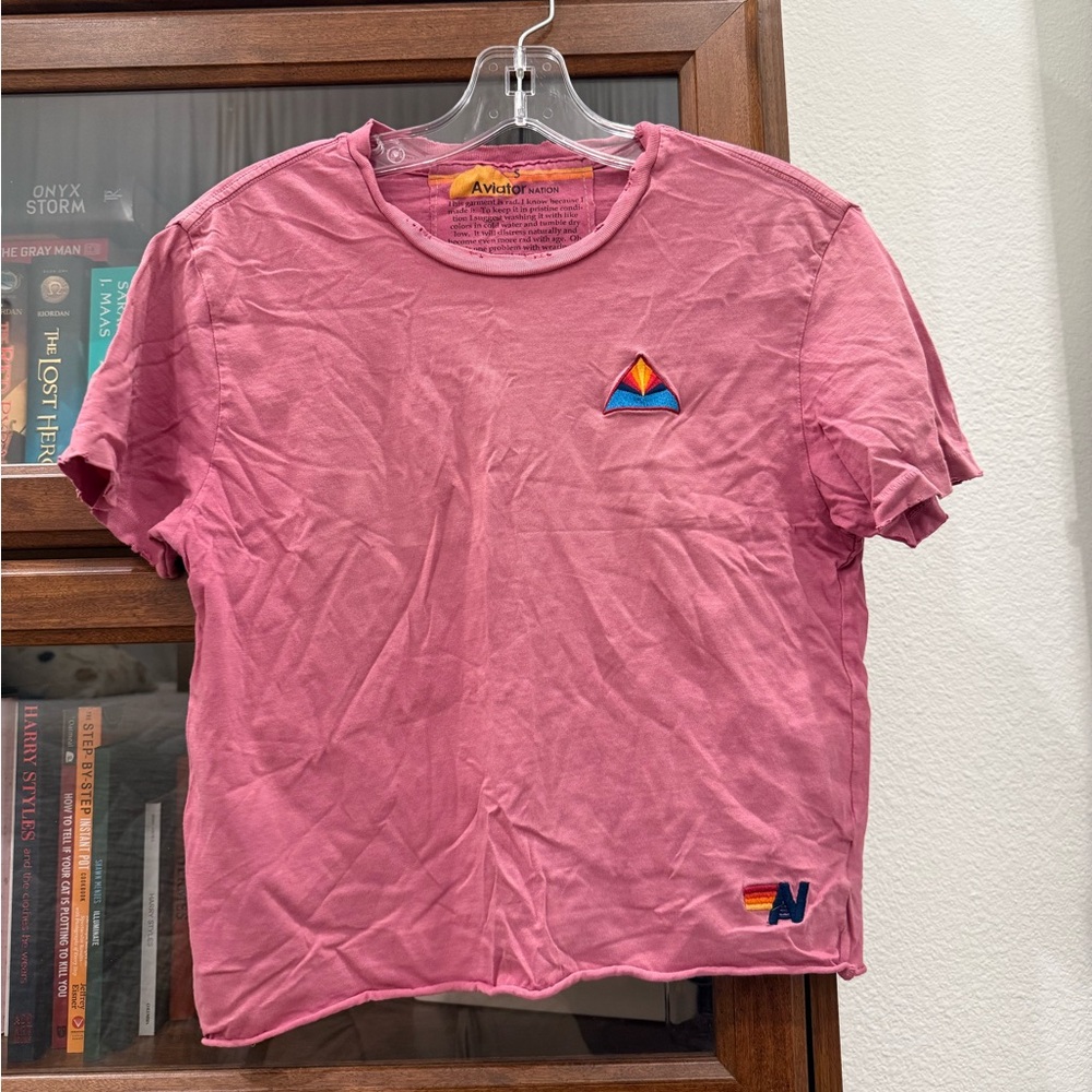 Aviator Nation Pink Cropped Tee with Colorful Patch